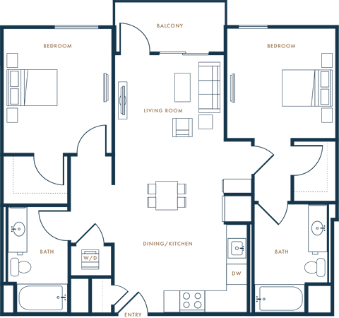 Floor plan for 2 beds, 2 baths, 979 sqft
